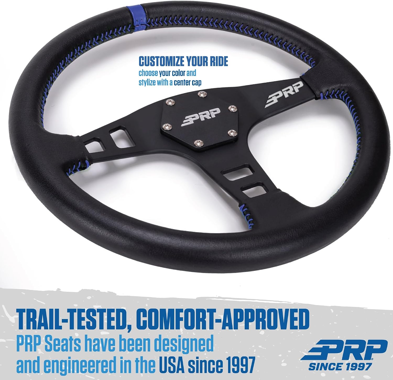 PRP Seats Flat Leather Grip Steering Wheel for Off-Road Racing, High-Strength Aluminum, Matte Blac