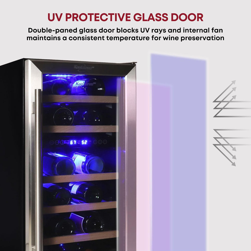 Koolatron 28 Bottle Wine Fridge Dual Zone Built-In Wine Cooler with Glass Door Front Vent Beverage Can Bar Compressor Refrigerator Red White Wine Champagne 15-Inch 3.5 cu ft (Silver Black 100 L)