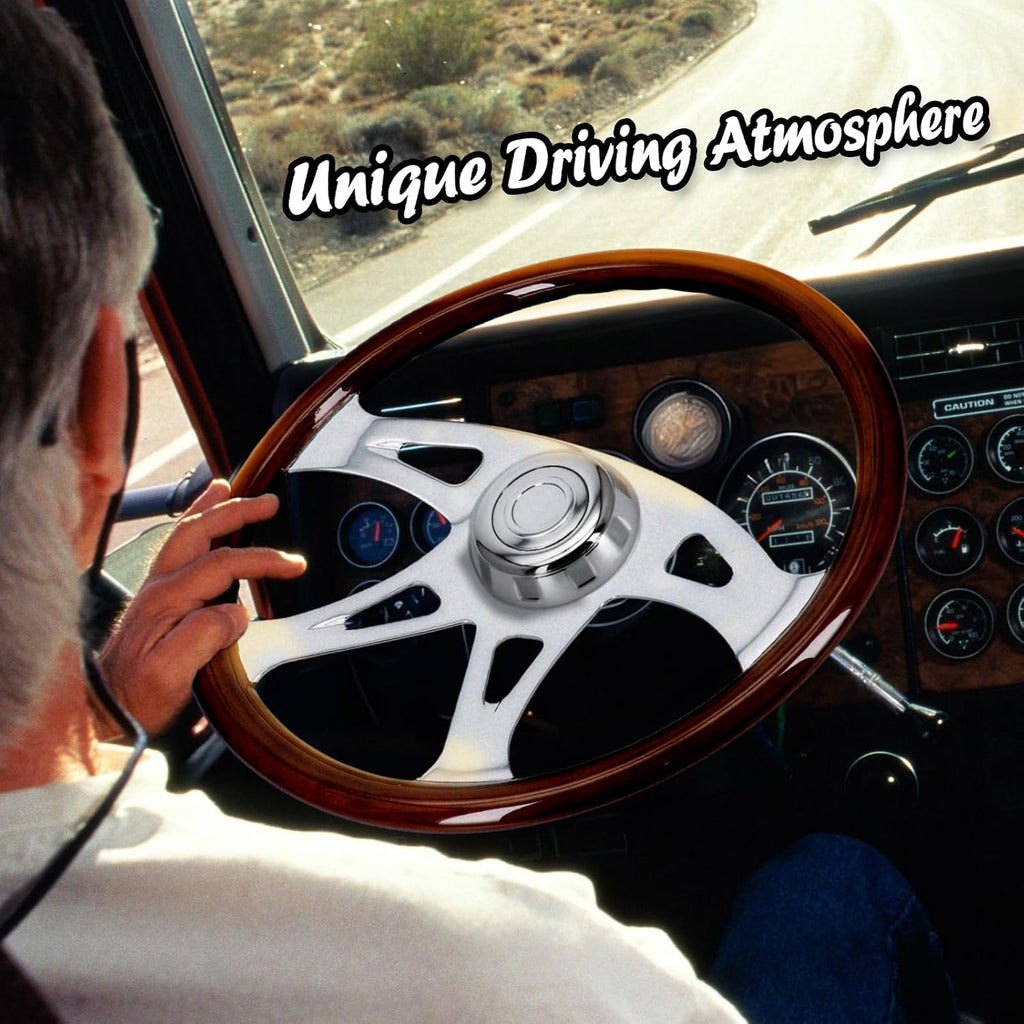 Sorghum 18' Solid Wood Steering Wheel - 4 Spokes Aluminum Chrome Classic Steering Wheel with Horn Button for Trucks Compatible with Mack Kenworth Peterbilt Volvo Freightliner-Triangle Hollow Style