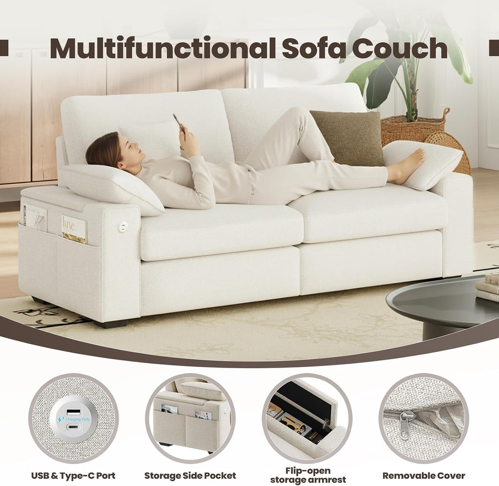 MALOL 76' Loveseat Sofa, Cloud Foam Couch, 3 Seater Upholstered Midcentury Mondern Love Seat with USB Type C Ports, 4 Pillows and Storage Armrest for Living Room/Small Spaces, Beige | Breathable material