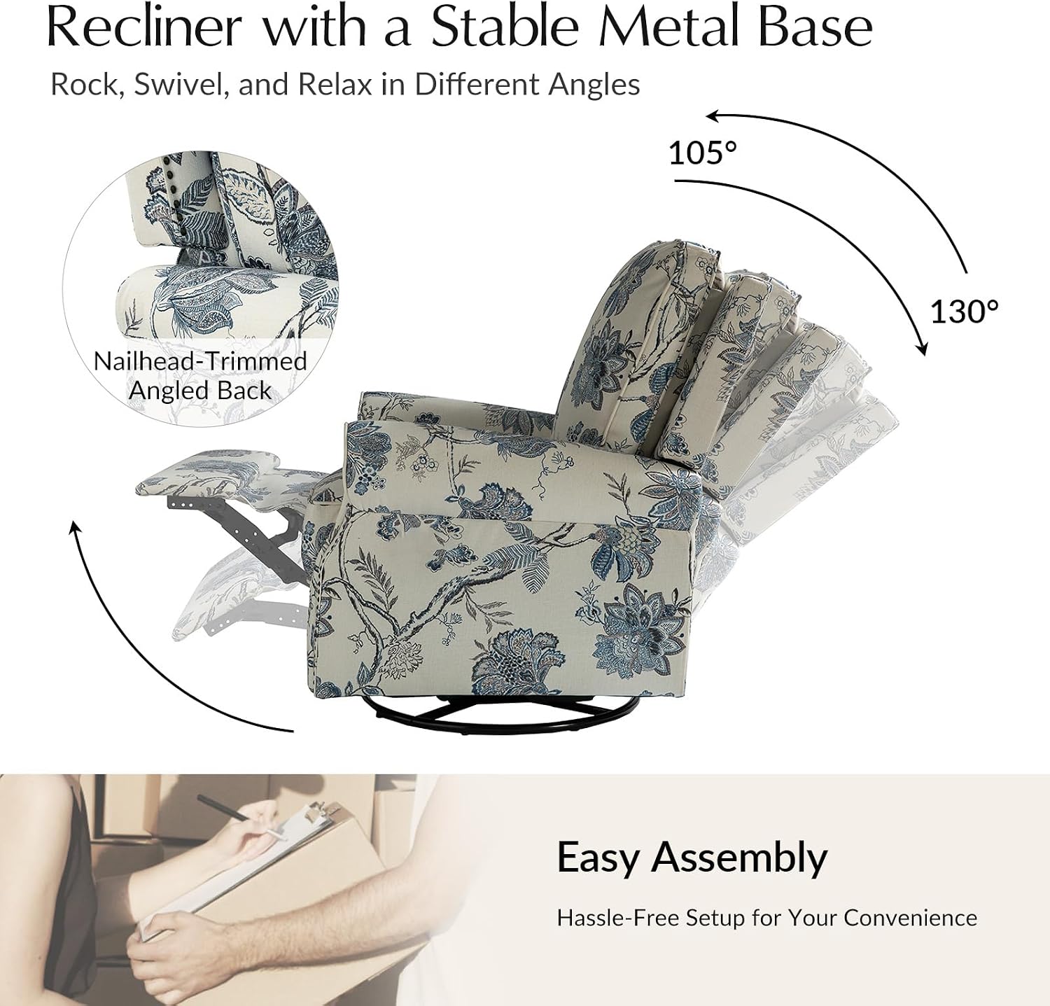 HULALA Home Modern Rocker Recliner, Printed Fabric Swivel Glider with Adjustable Backrest & Footrest, JEACOBEAN