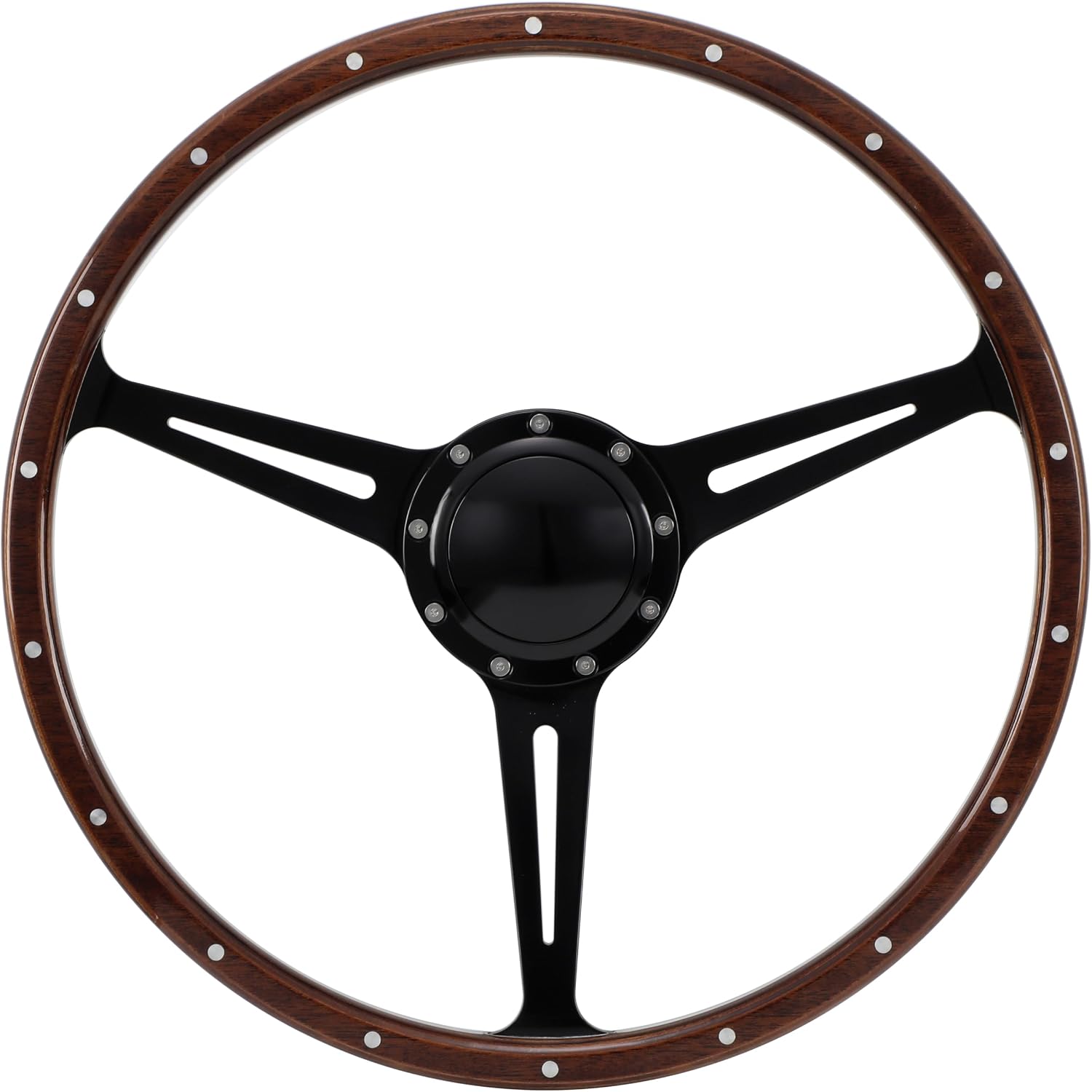 15' Classic 9 bolts Steering Wheel Black Anodized Spoke 9 Rivets with Horn Button