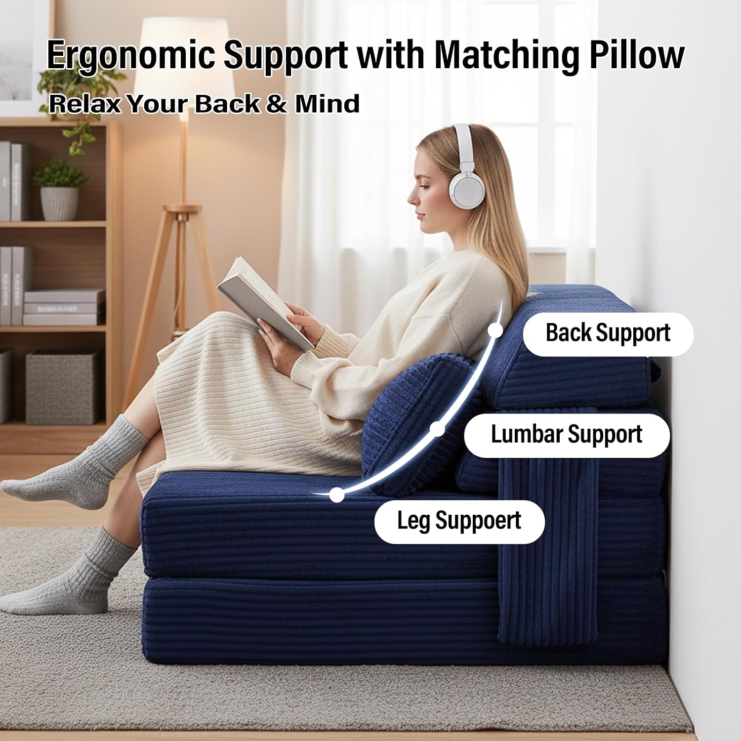Folding Sofa Bed with Pillow, Convertible Sleeper Chair, Comfy Floor Futon Couch Mattress Lounge Sofa for Adults Portable Fold Out Chair Bed for Living Room Bedroom, Single, Navy Blue