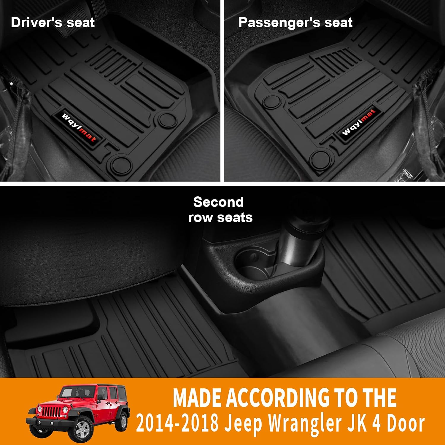 Custom for 2007-2018 Jeep Wrangler JK 4 Door Floor Mats & Cargo Liner & Backrest Mat All Weather TPE Rubber Protection Mat (for 2007-2018 JK 4 Door Accessories 6 Pcs)