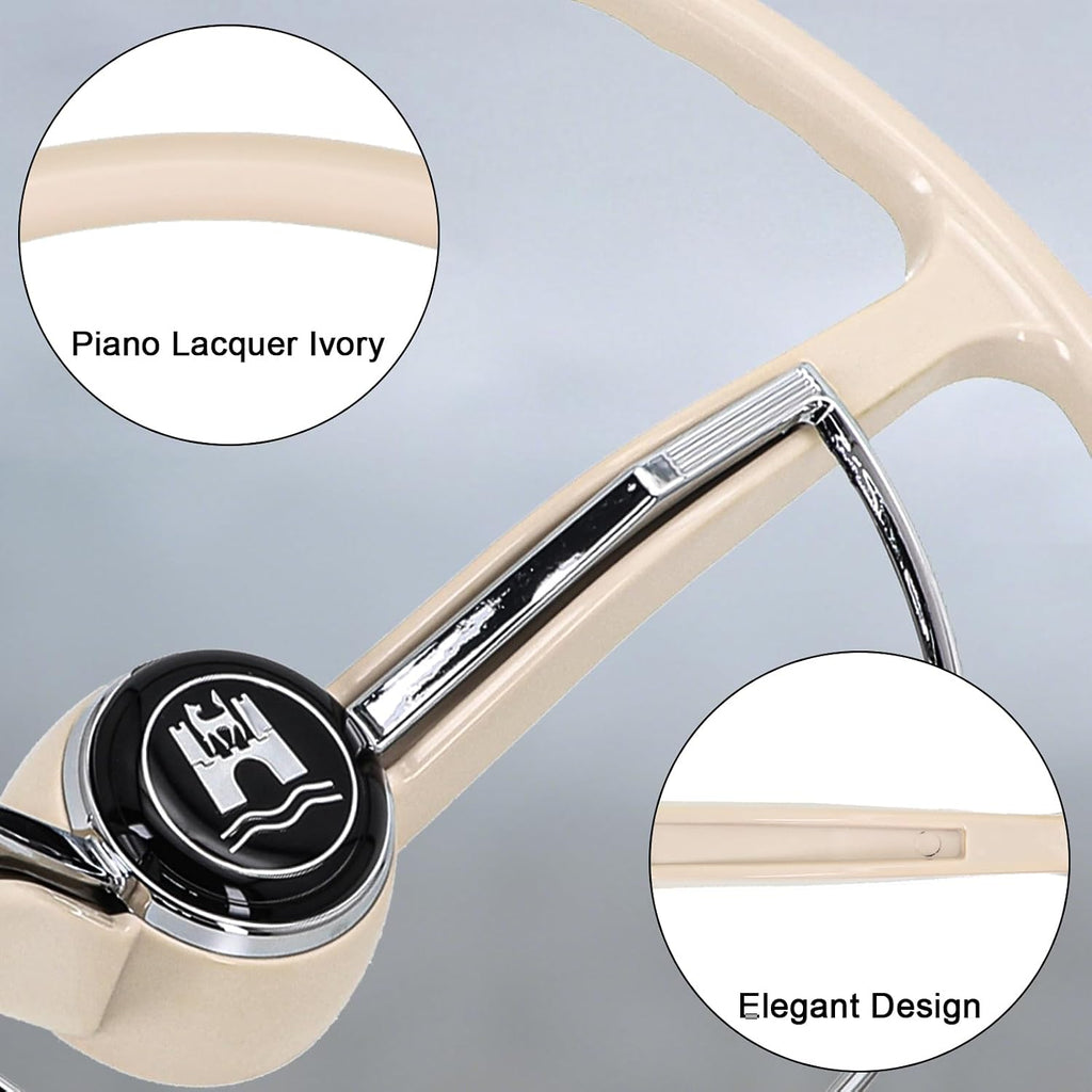 Sorghum 15' Universal Steering Wheel - Classic Steering Wheel with Horn Button Compatible with 1965-1973 Volkswagen Beetle - Piano Lacquer Ivory