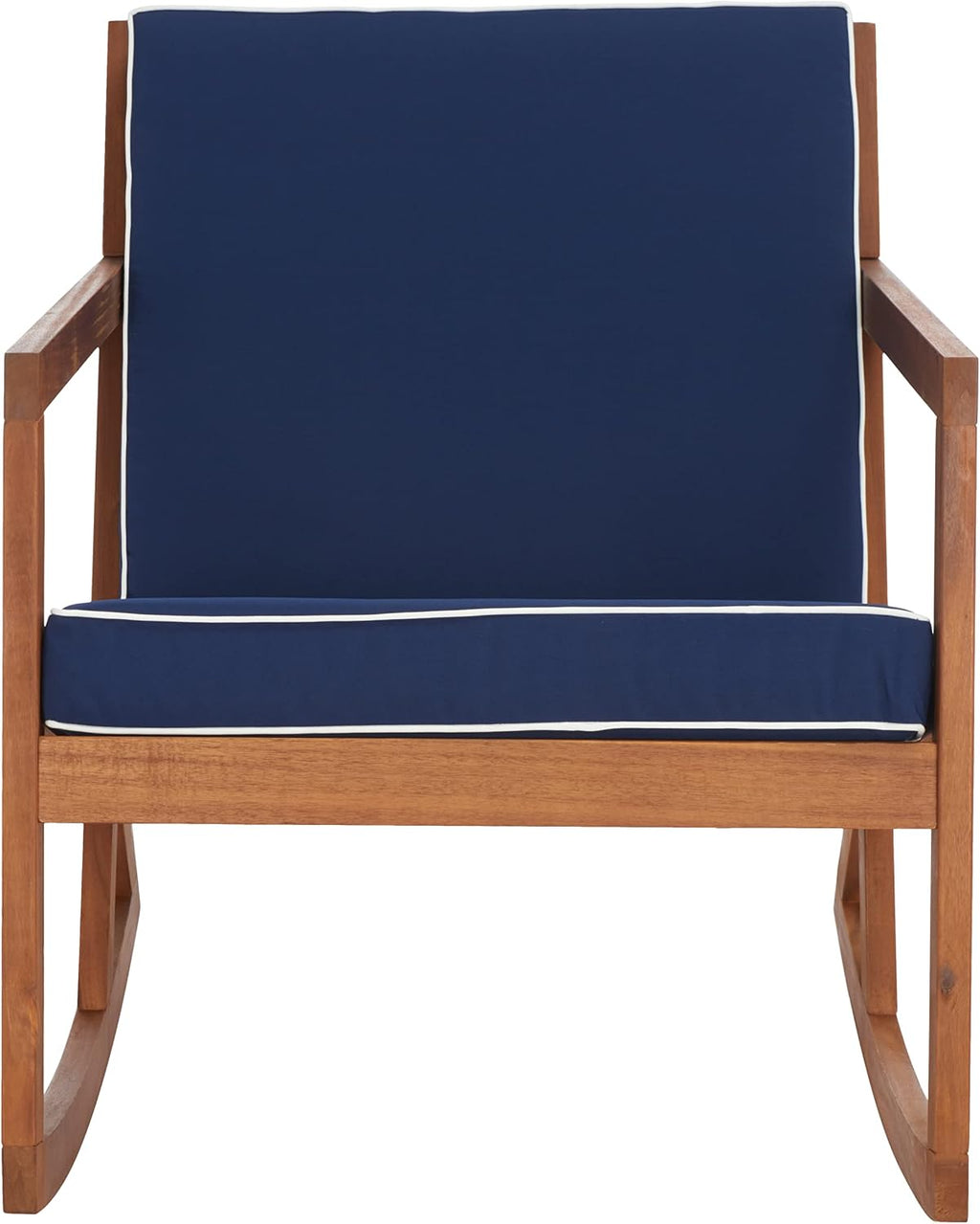 SAFAVIEH Outdoor Collection Vernon Natural/Navy Cushion with White Piping Rocking Chair