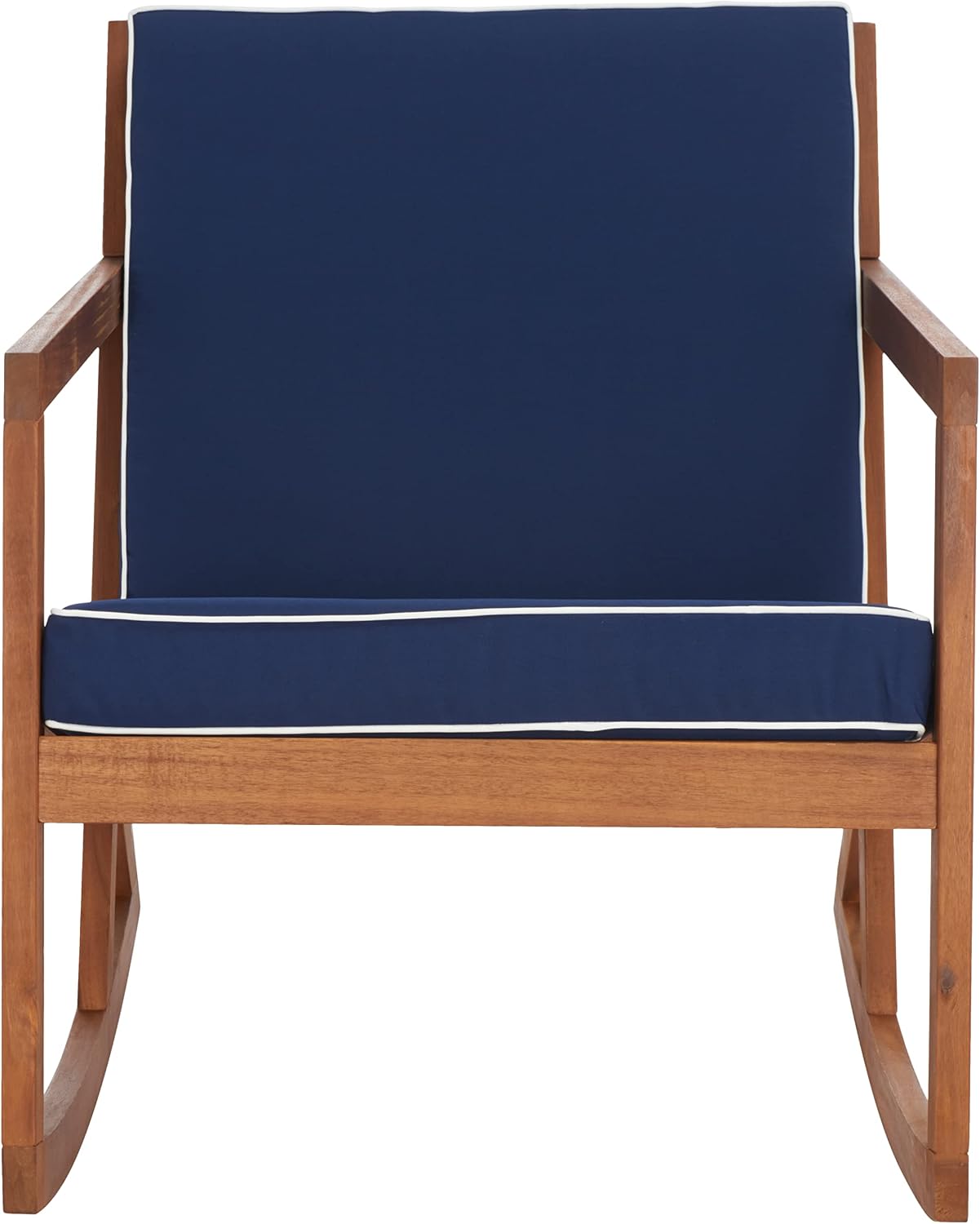 SAFAVIEH Outdoor Collection Vernon Natural/Navy Cushion with White Piping Rocking Chair