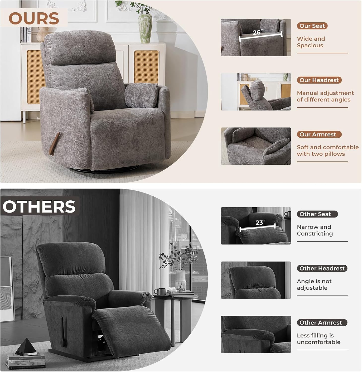 Oversized Swivel Rocker Recliner Chair with Massage and Heat, Manual Swivel Glider Rocker Recliner with 2 Bolster Pillows, Rocking Nursery Chair with Storage Ottoman , Adjustable Headrest, Dark Grey