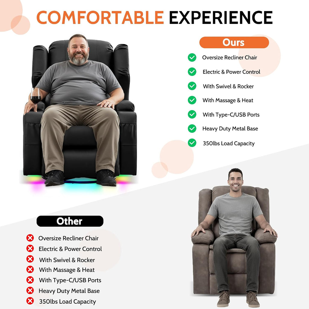 BINGTOO Dual Motor Power Swivel Rocker Recliner Chair with Massage & Heat, Electric Wall Hugger Glider Chair for Adults, Nursery with LED Lights, USB-C Ports & Cup Holders, Faux Leather Black, 1 Chair