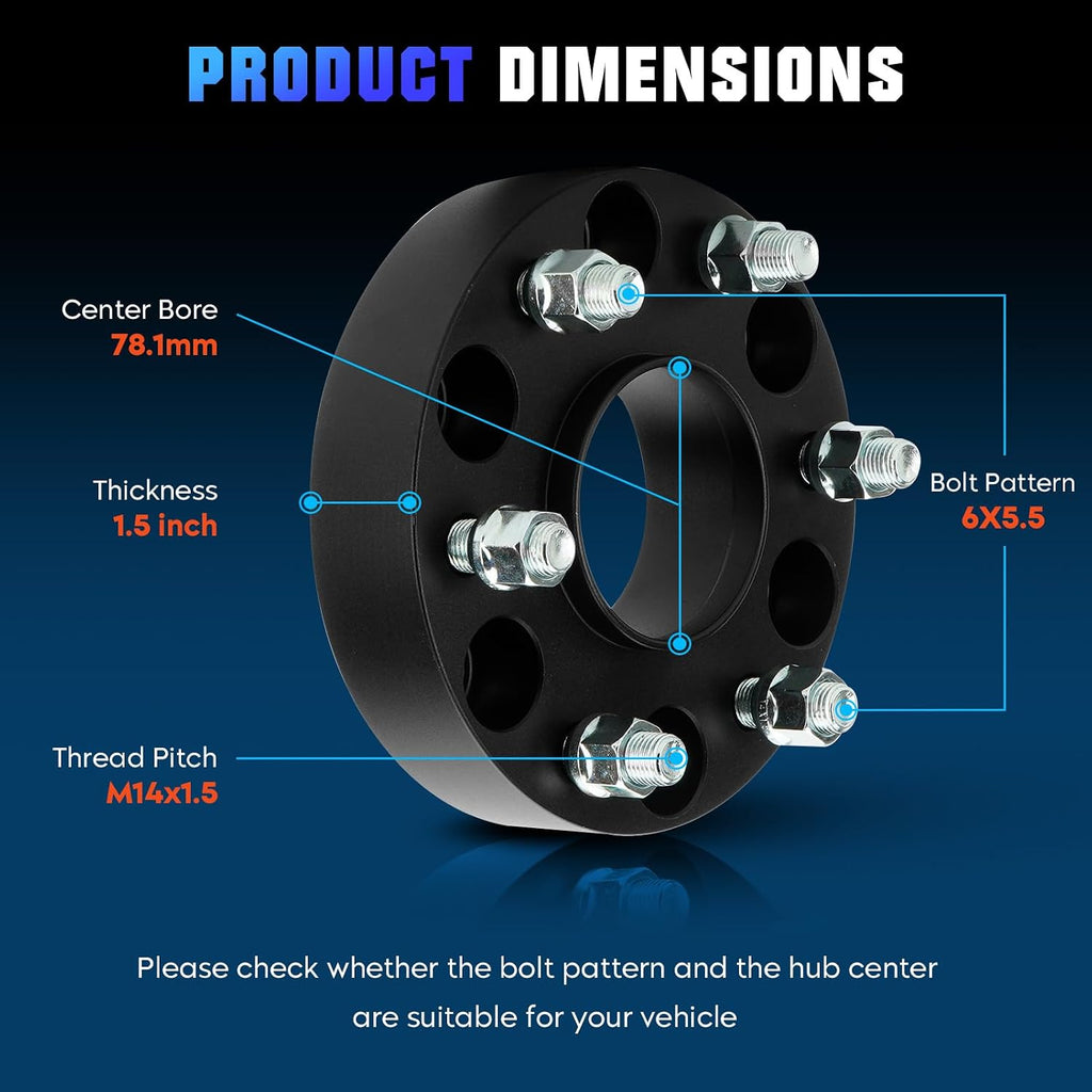 Youxmoto 6X5.5 1.5' Wheel Spacers Fit for Cadillac Escalade, for Chevrolet Silverado 1500 Suburban Tahoe, for GMC Sierra 1500 Yukon, Forged Wheel Adapter with 78.1mm Hub Bore M14x1.5 Studs
