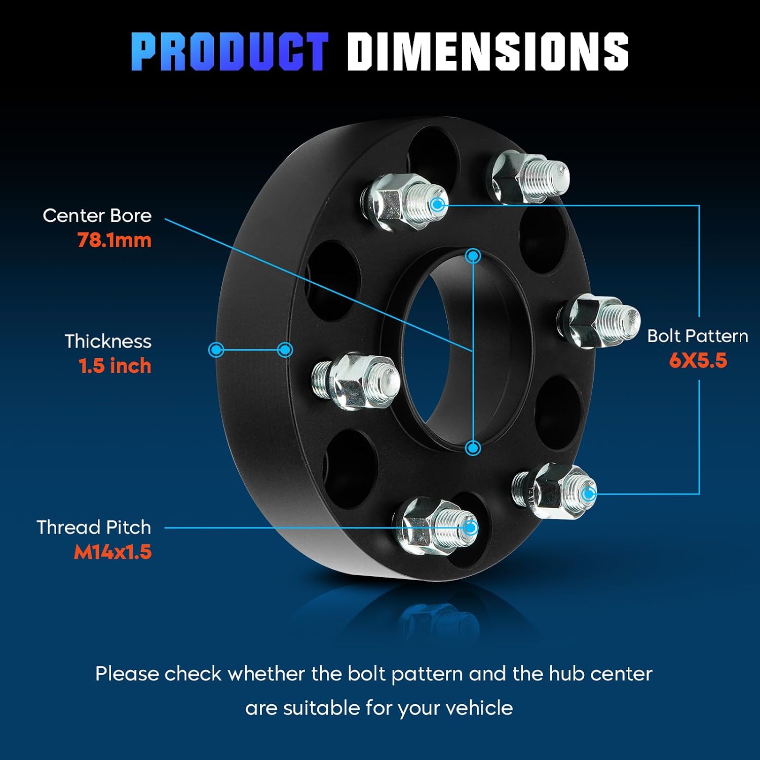 Youxmoto 6X5.5 1.5' Wheel Spacers Fit for Cadillac Escalade, for Chevrolet Silverado 1500 Suburban Tahoe, for GMC Sierra 1500 Yukon, Forged Wheel Adapter with 78.1mm Hub Bore M14x1.5 Studs