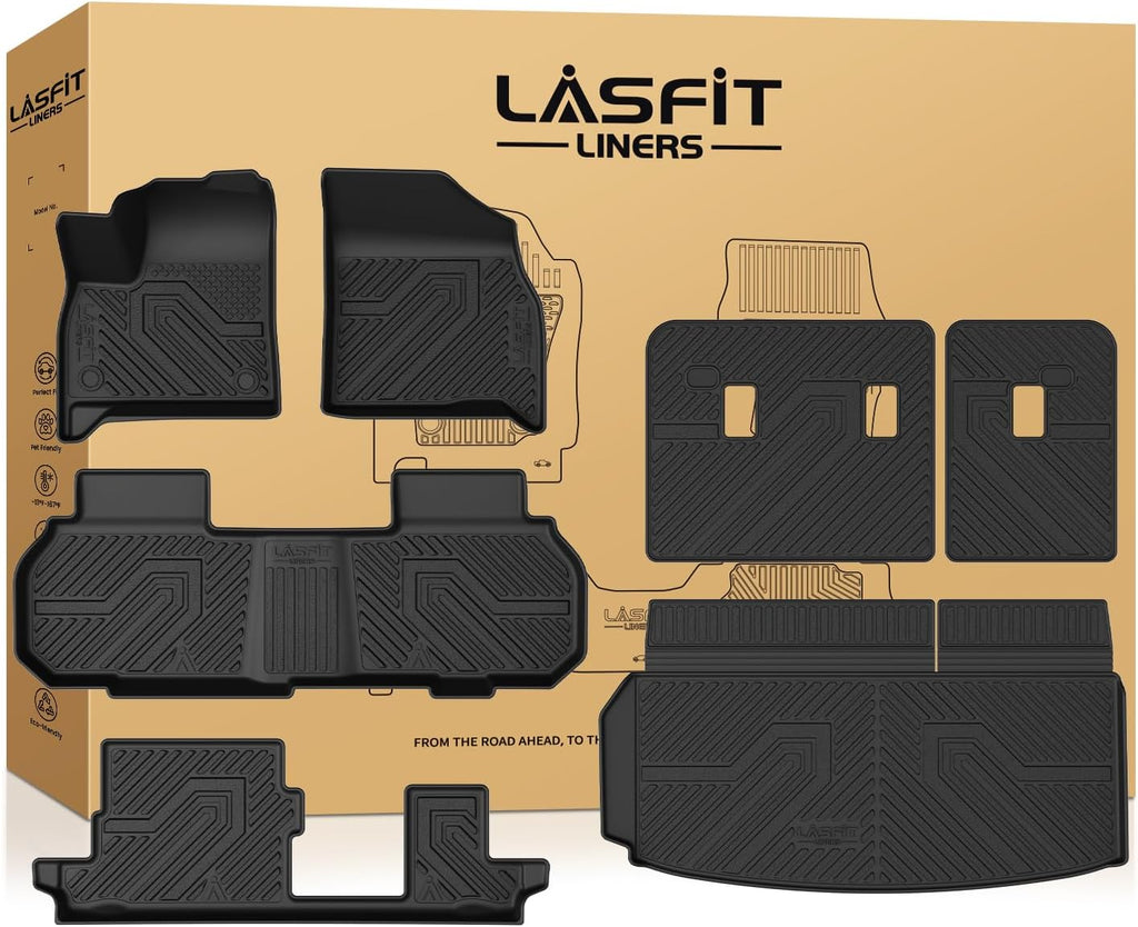 LASFIT Floor Mats & Cargo Liner with Backrest Mat for Chevy Traverse 2024-2026 (Only 8 Seats) & GMC Acadia 2024-2026 (Only 8 Seats), All Weather TPE Custom Fit Car Floor Liners Full Seat, Black