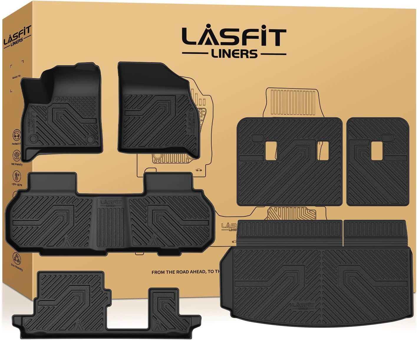 LASFIT Floor Mats & Cargo Liner with Backrest Mat for Chevy Traverse 2024-2026 (Only 8 Seats) & GMC Acadia 2024-2026 (Only 8 Seats), All Weather TPE Custom Fit Car Floor Liners Full Seat, Black