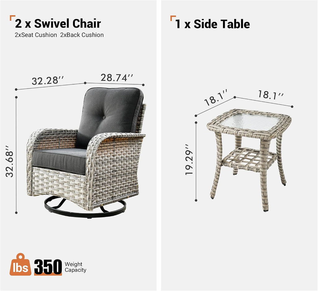 ovios Outdoor Swivel Rocking Chair Set of 3 with Coffee Table, Patio Wicker Rocker with Comfortable Thicken Deep Seating, Comfy Rattan Glider Chairs for Porch Deck Balcony Garden Backyard, Black