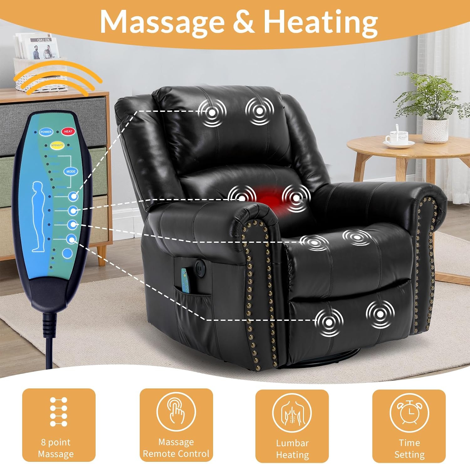 Manual Massage Recliner with Heating Function, 360° Swivel Glider Rocking Recliner Chair for Living Room, Ergonomic Single Sofa Chair with Remote Control/USB Ports/Side Pockets(Black)
