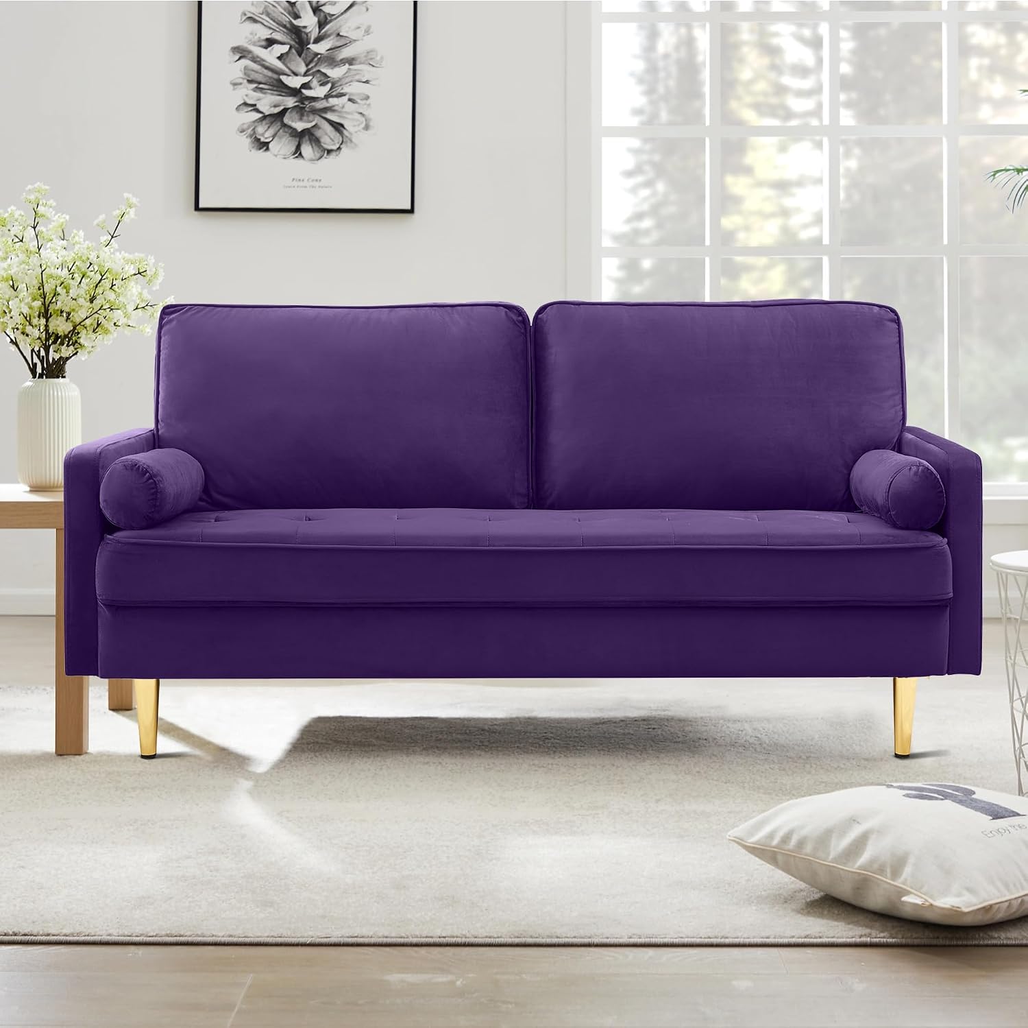 67in Modern Velvet Loveseat Sofa Couch, Mid-Century Tufted Upholstered Small Love Seat Couch with 2 Pillows & 4 Golden Legs, 2-Seats Couches for Compact Space, Living Room, Apartment (Purple)