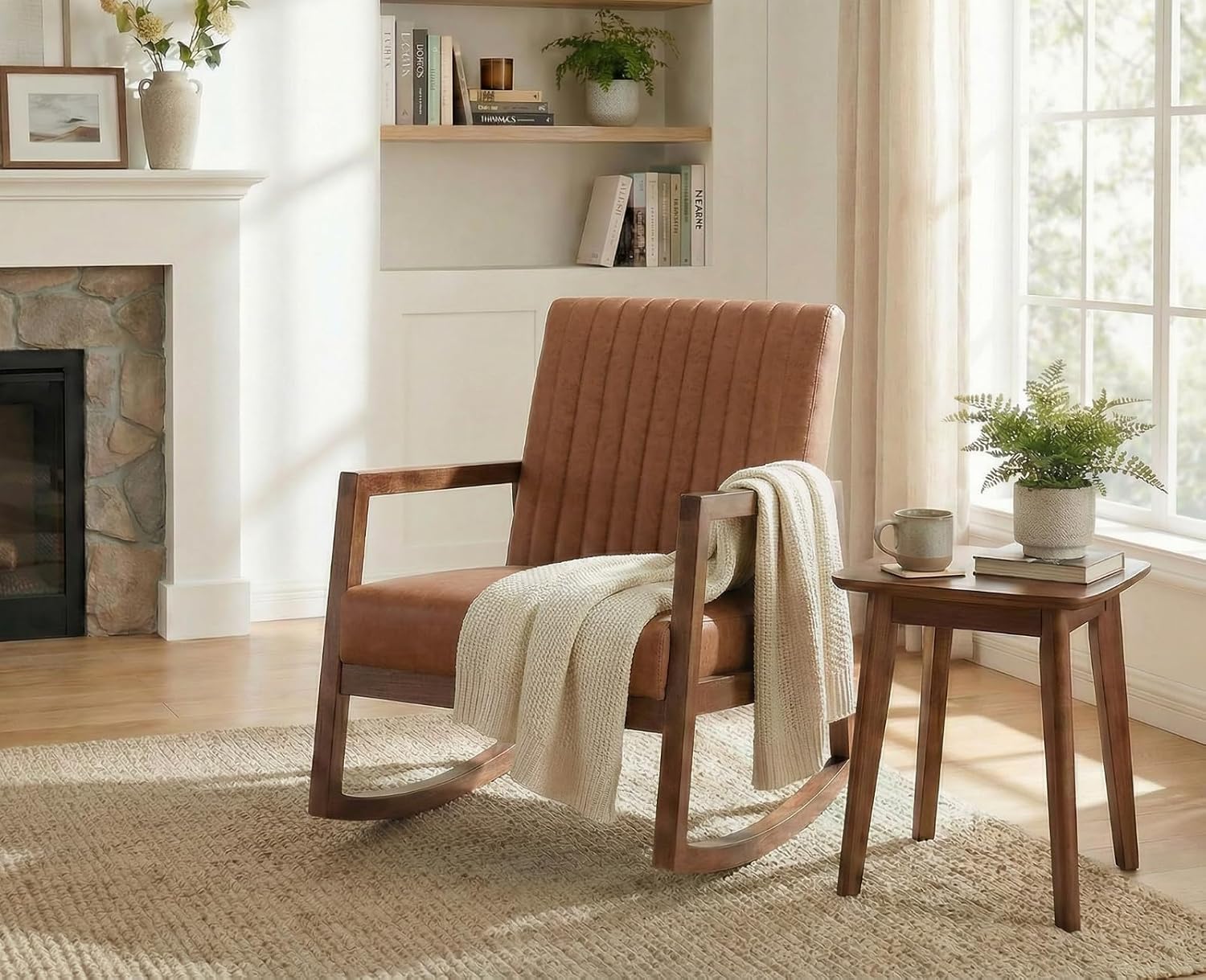 CIMOTA Leather Modern Rocking Chair Mid Century Armchair Upholstered Arm Chair with Padded Seat/Wood Frame, Comfy Rocker for Living Room/Bedroom, Retro Brown PU