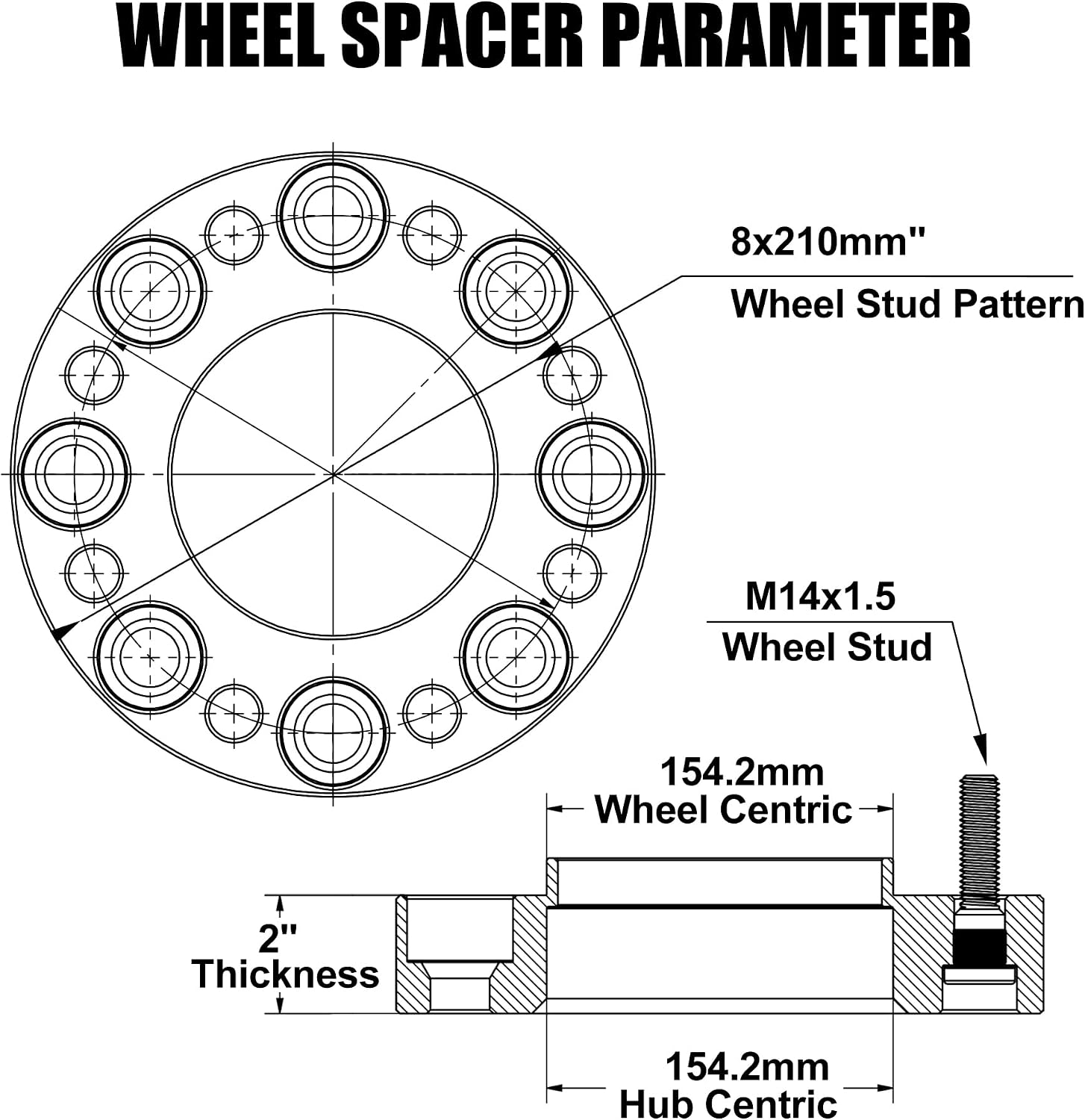FLYCLE 8x210 Front Wheel spacers 2 inch for 2011-2025 Silverado 3500 HD DRW, 2011-204 GMC Sierra 3500 HD DRW, 8x210mm Hubcentric Wheel spacers 154.2mm Hub Bore with M14x1.5 for Front Wheels