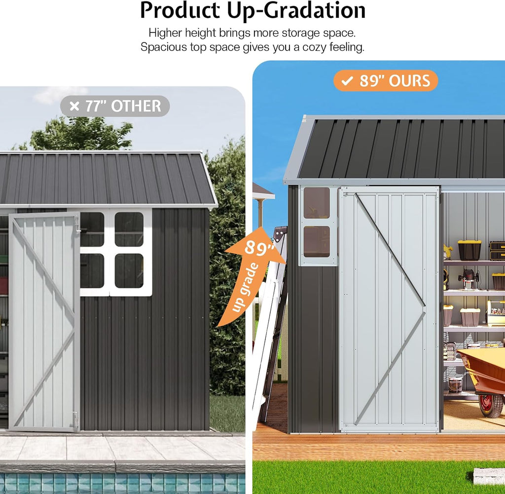 VanAcc 8.5x7.1x7.5 FT Galvanized Steel Outdoor Storage Shed, Lockable Double Hinged Doors and 4 Vents, Metal Shed for Backyard Storage, Dark Black/White