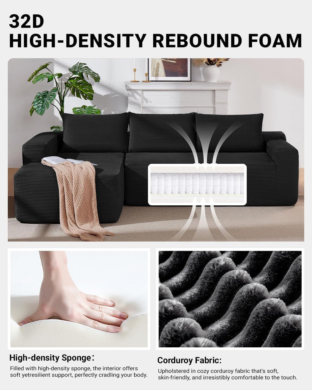 97' Cloud Couch Sectional, L Shaped Boneless Couch Sectional Couches for Living Room, Modern Comfy Corduroy Fluffy Modular Sofa with Deep Seat, No Assembly (Black, Left Facing Chaise)