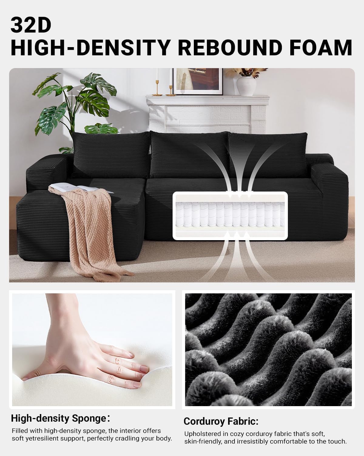97' Cloud Couch Sectional, L Shaped Boneless Couch Sectional Couches for Living Room, Modern Comfy Corduroy Fluffy Modular Sofa with Deep Seat, No Assembly (Black, Left Facing Chaise)