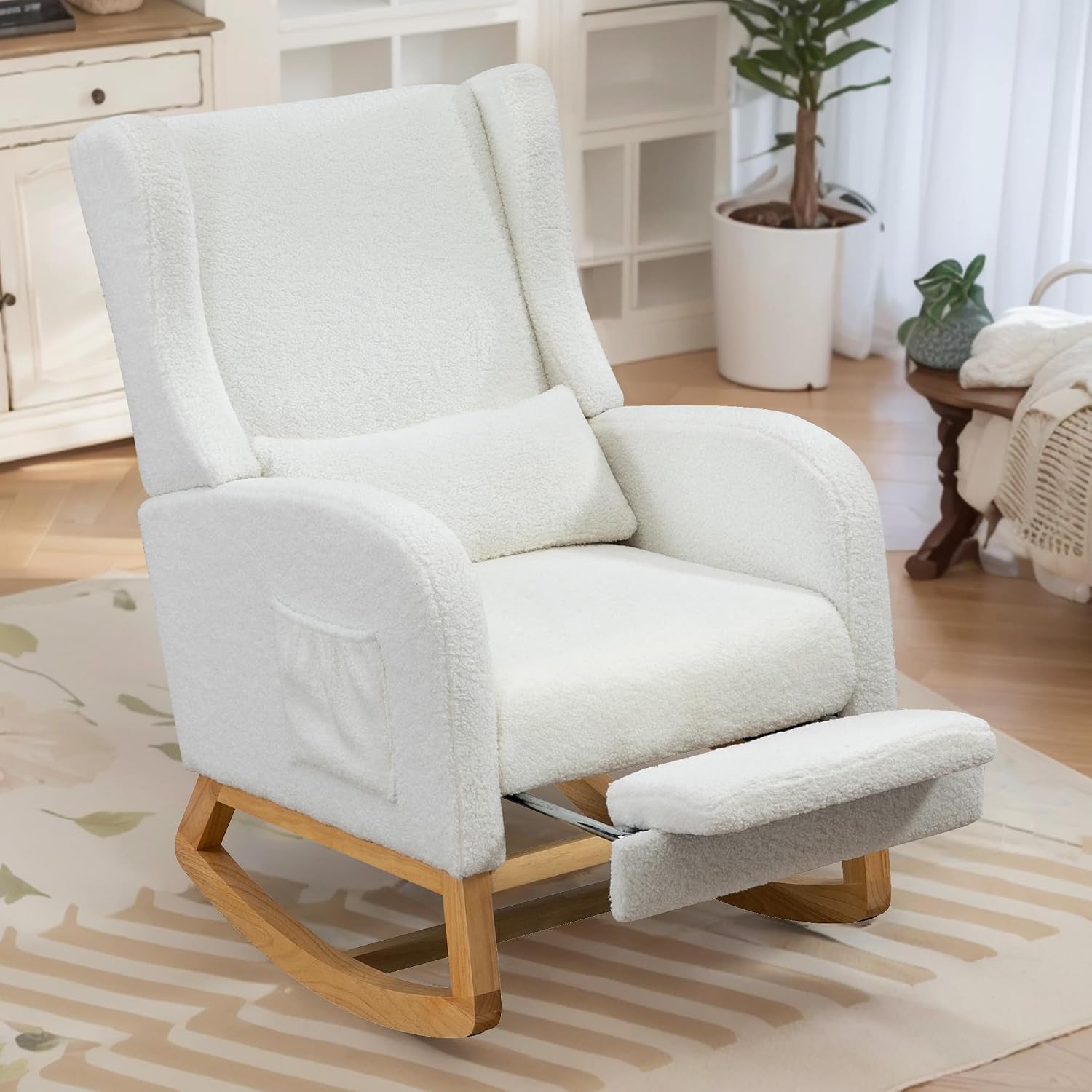 Chifee & Vingol Rocking Chair Nursery with Foot Rest & Pillow,Sherpa,White