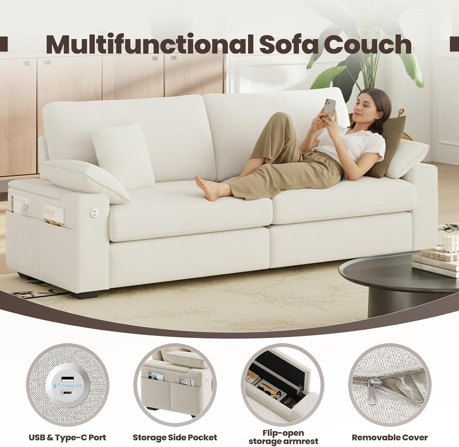 MALOL 89' Loveseat Sofa, Cloud Foam Couch, 3 Seater Upholstered Midcentury Mondern Love Seat with USB Type C Ports, 4 Pillows and Storage Armrest for Living Room/Small Spaces, Beige | Breathable material