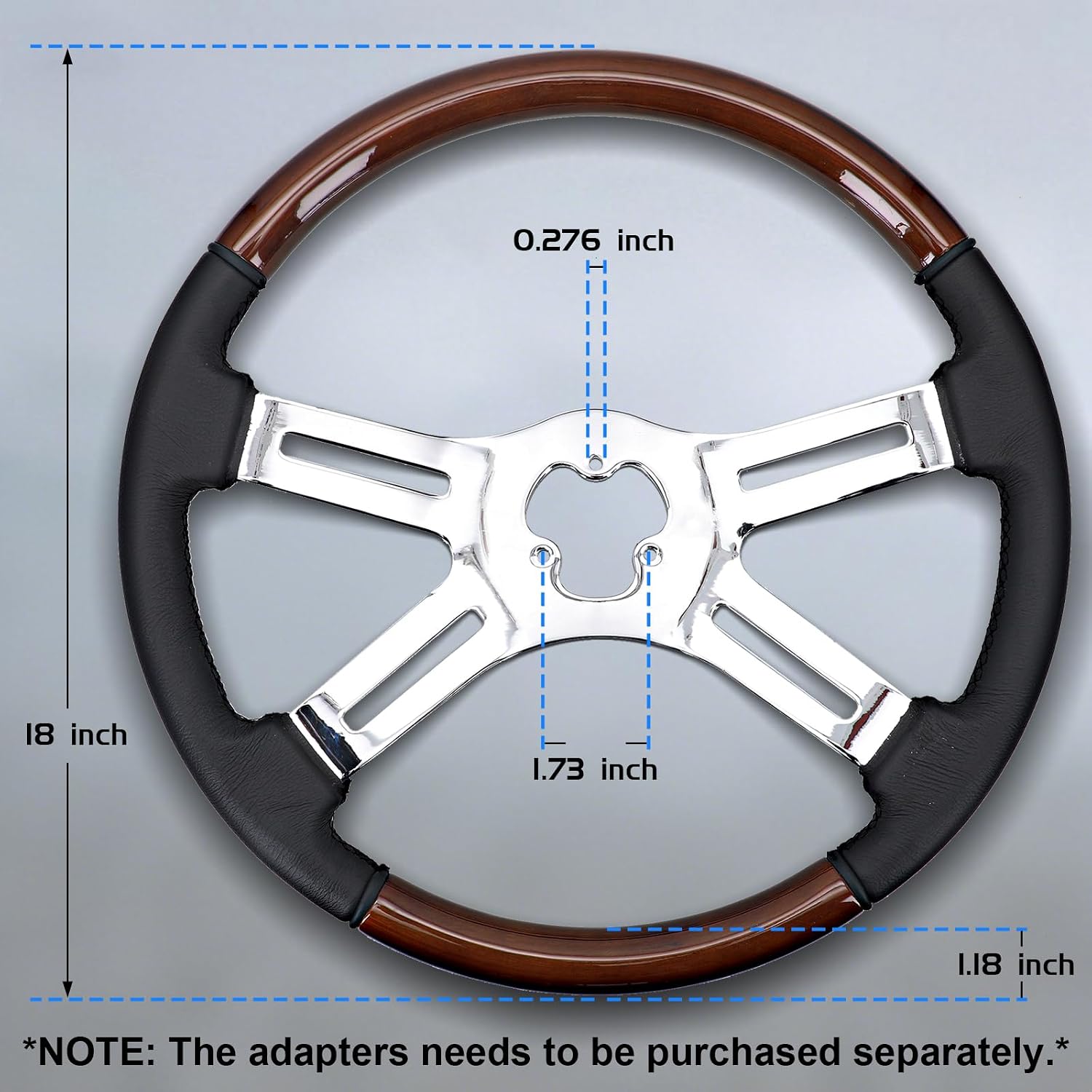 Sorghum 18' Solid Wood Steering Wheel - 4 Spokes Aluminum Chrome Leather Cover Steering Wheel with Horn Button for Semi-Trailers Trucks Compatible with Mack Kenworth Peterbilt Volvo Freightliner