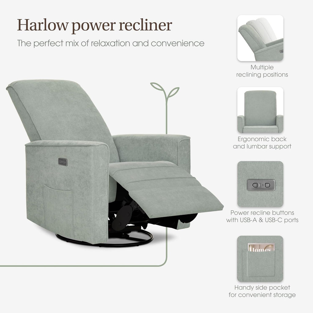 Evolur Harlow Upholstered Power Glider Recliner with USB Charging – Rocking & 275° Swivel with Smooth Glide – Greenguard Gold & FSC Certified – Modern Nursery and Living Room Chair in Sage