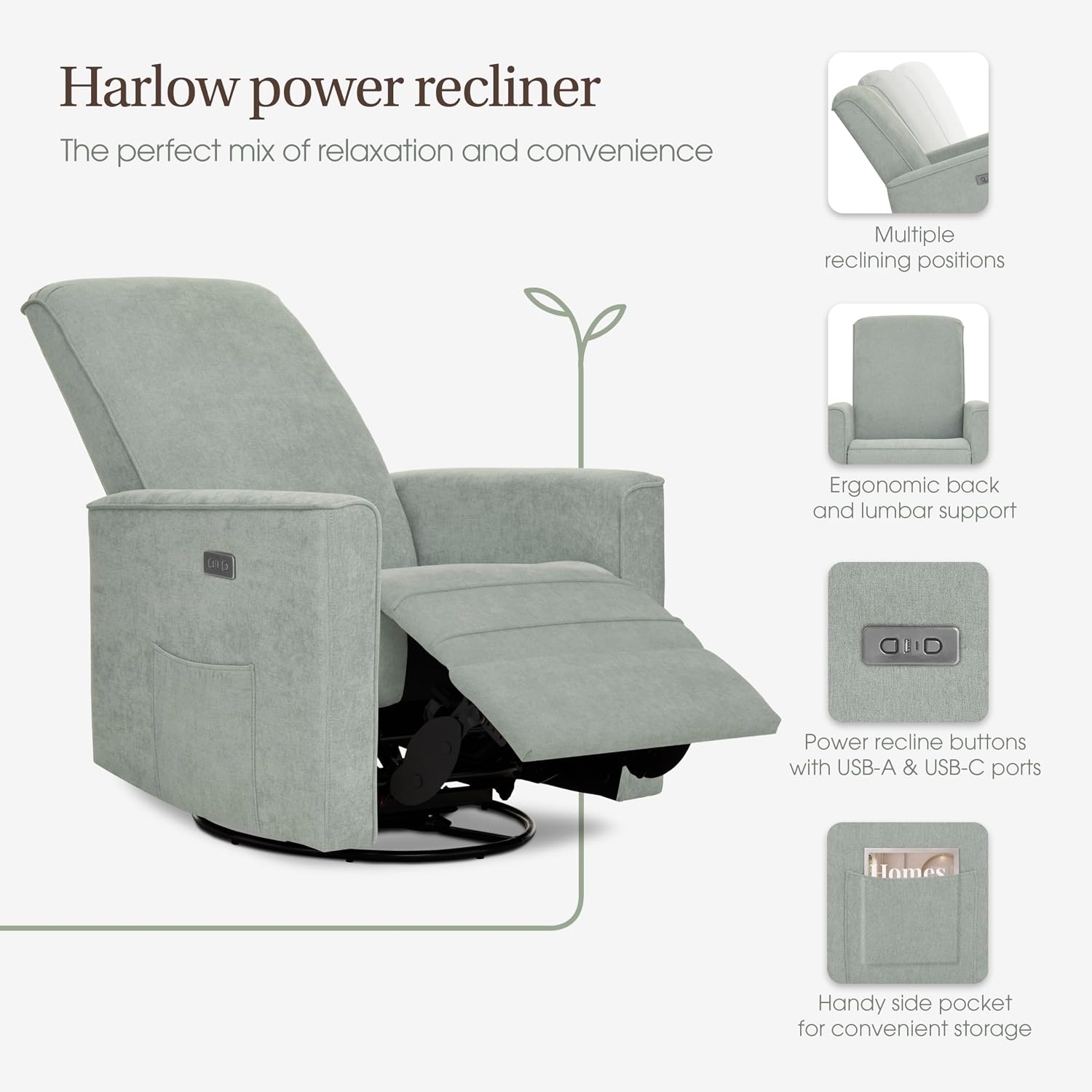 Evolur Harlow Upholstered Power Glider Recliner with USB Charging – Rocking & 275° Swivel with Smooth Glide – Greenguard Gold & FSC Certified – Modern Nursery and Living Room Chair in Sage