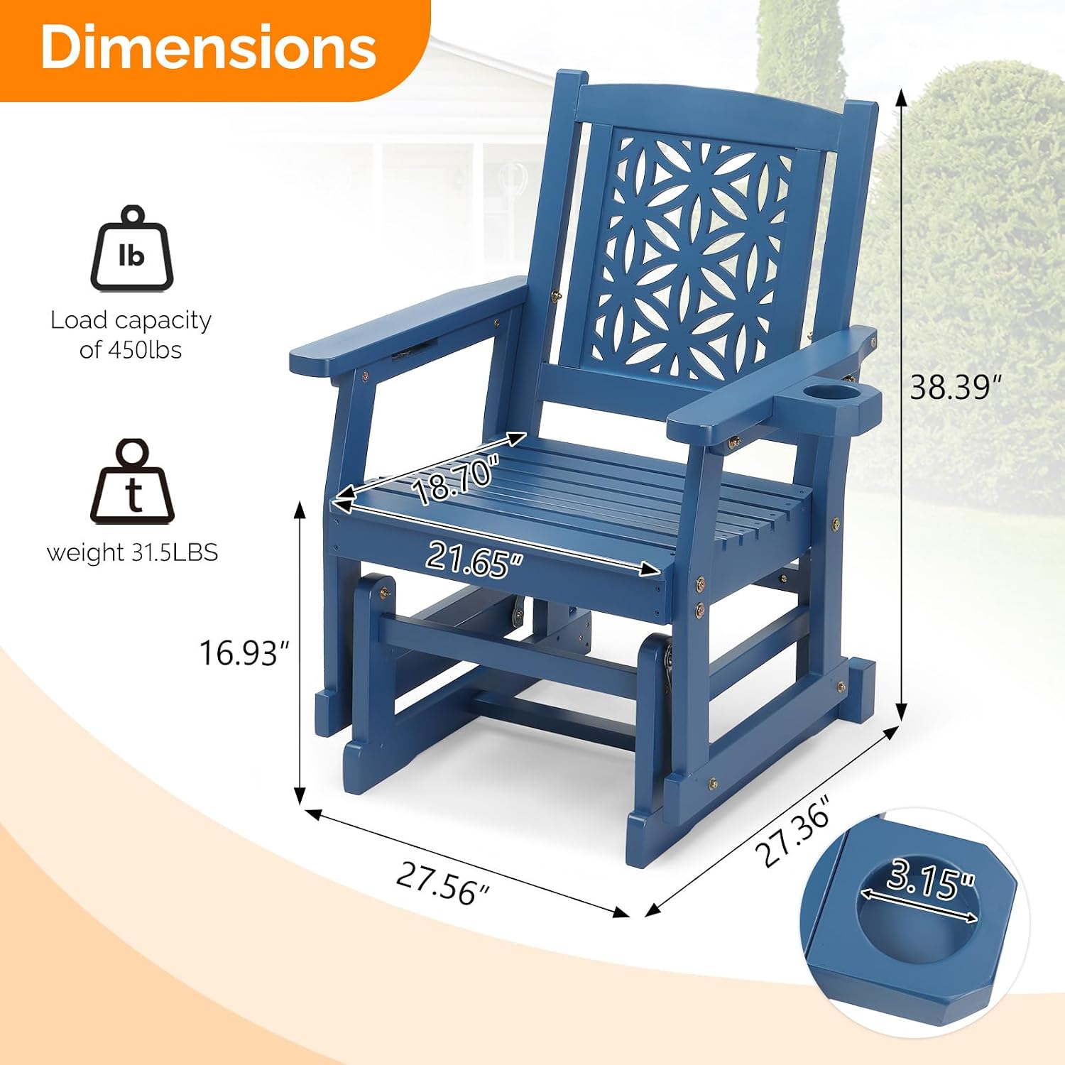 VINGLI Outdoor Glider for Adults, Patio Glider with Cup Holder, Wooden Glider Rocker with Floral Back for Garden, Yard, Patio, Blue