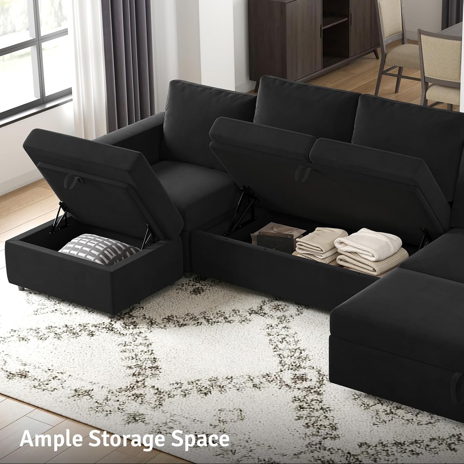 Belffin Modular Sectional Sofa with Sleeper Sofa Couch Pullout Bed, Oversized U Shaped Sleeper Sectional Couch with Storage Seat for Living Room, Black
