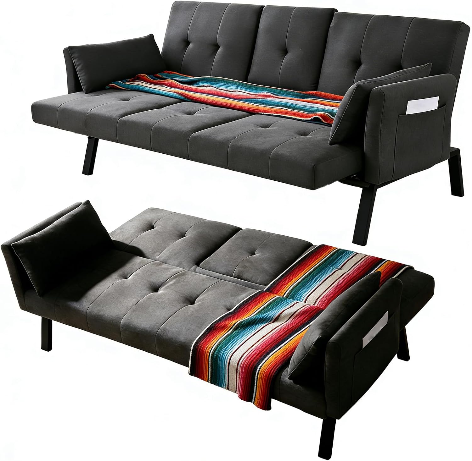 70' Futon Sofa with Cupholders,Adjustable Backrest Cotton Linen with Cup Holders and 2 Throw Pillows Sleeper Sofa for Living Room Apartment Small Space (Dark Grey)