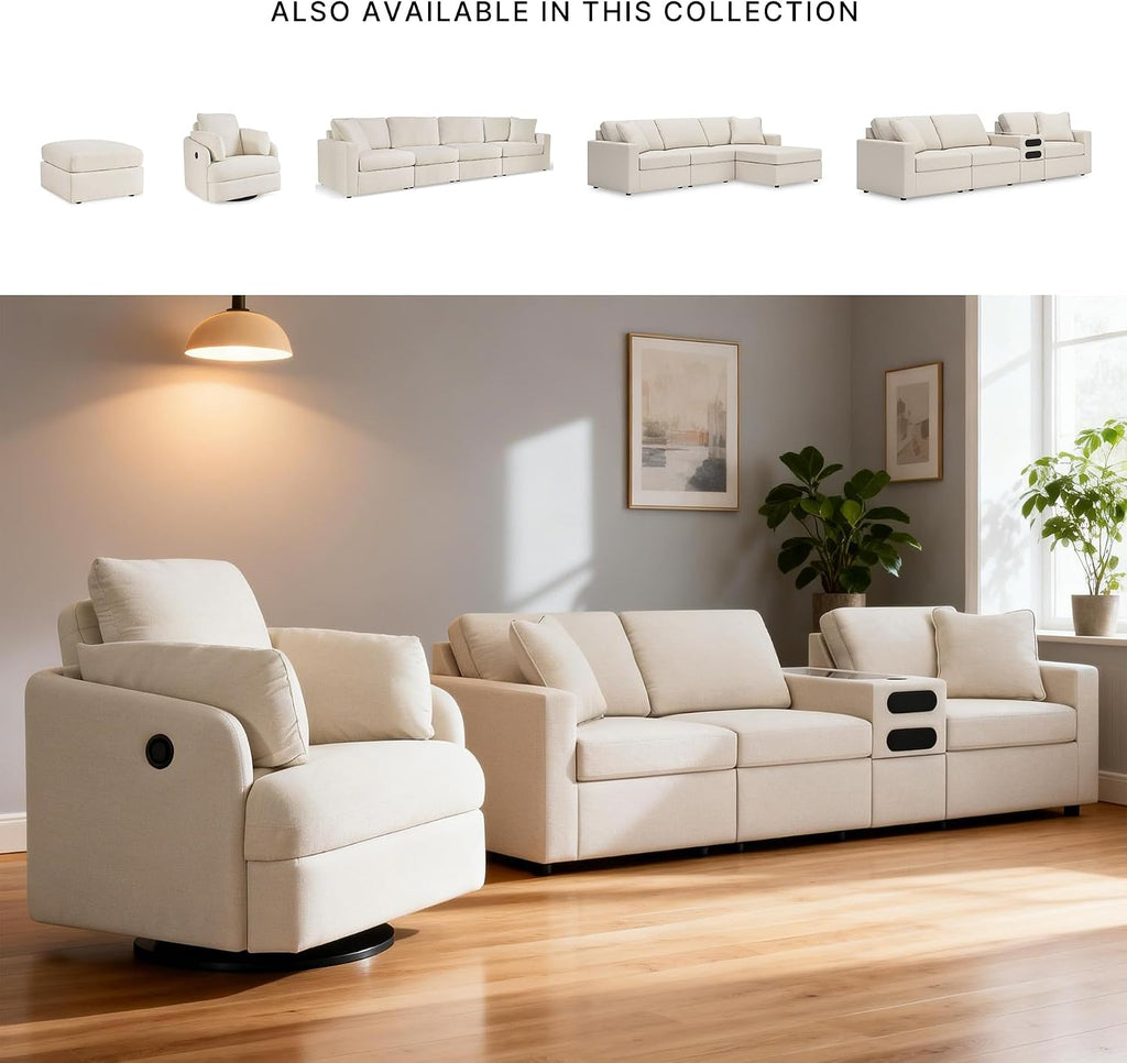 Signature Design by Ashley Modmax Coastal Modular Stain Resistant 4-Piece Sectional with Audio Console, Drawer, USB Ports and 2 Accent Pillows, Beige