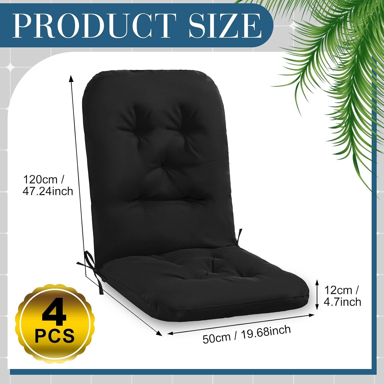 Drydiet 4 Set Outdoor High Back Chair Cushions 47 x 20 Inch Rocking Chair Cushions Waterproof Fade Resistant Comfort Replacement Seat Pads with Ties for Patio Lawn Yard Porch Home Office(Black)