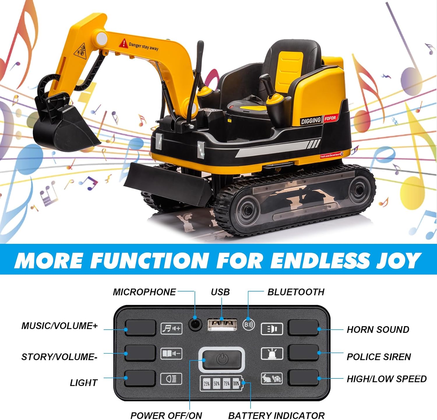 360 Degree Rotating Ride On Excavator and Bulldozer,JOYLDIAS 12V12AH Battery Powered Ride On Toy Backhoe W/Track Design Wheels for All Terrain,Remote Control,MP3,Toolbox for Kids,Parent,Yellow