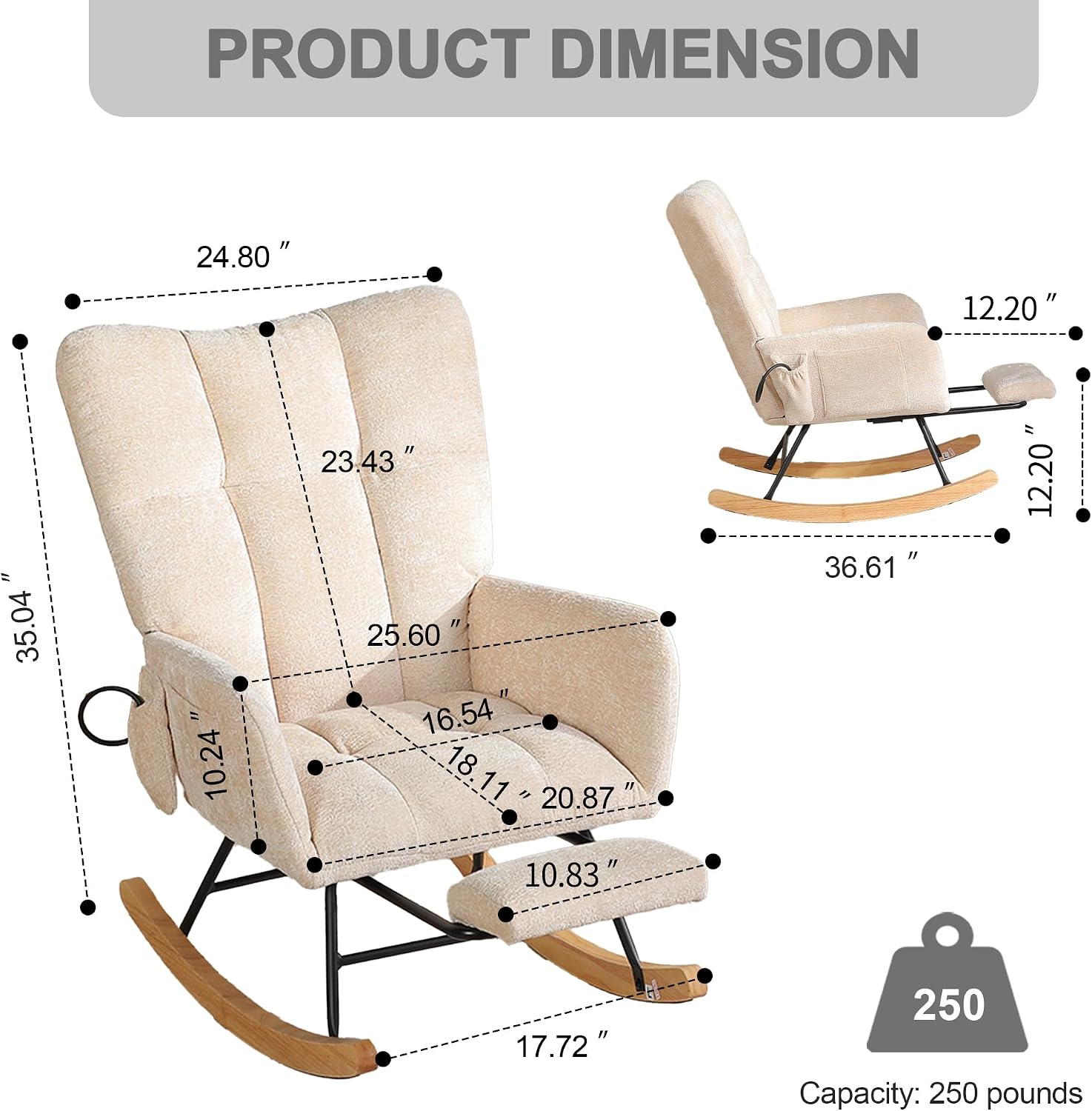 Rocking Chair Nursery with Airbag, Comfy Modern Nursery Rocking Reading Chair Indoor with Footrest, Cozy Upholstered Glider Rocker Chairs for Living Room Bedroom Offices(Chenille, Beige)