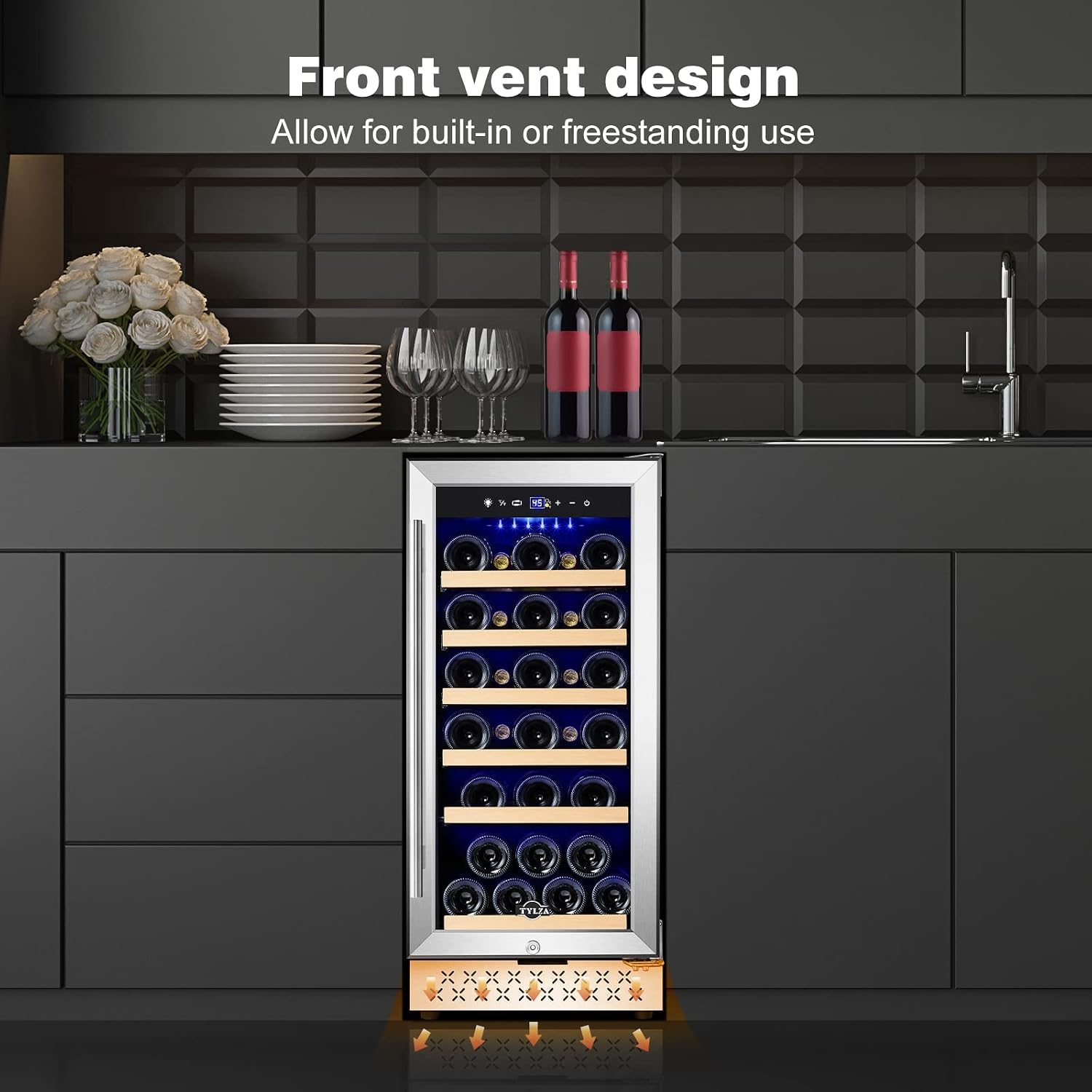 Tylza Wine Fridge 15'', 30 Bottles Wine Cooler Refrigerator, Undercounter or Freestanding, Removable Shelves, 40-65°F, Wine Cabinet with Double Glass Door, Wine Cooler for Home, Kitchen, Bar