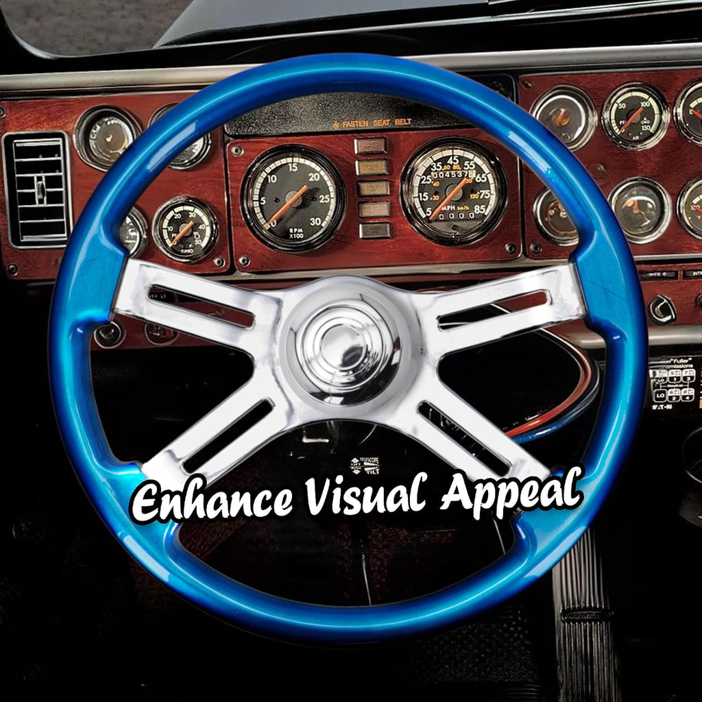 Sorghum 18' Solid Wood Steering Wheel - 4 Spokes Aluminum Chrome Classic Steering Wheel with Horn Button for Semi-Trailers Trucks Compatible with Mack Kenworth Peterbilt Volvo Freightliner-Blue