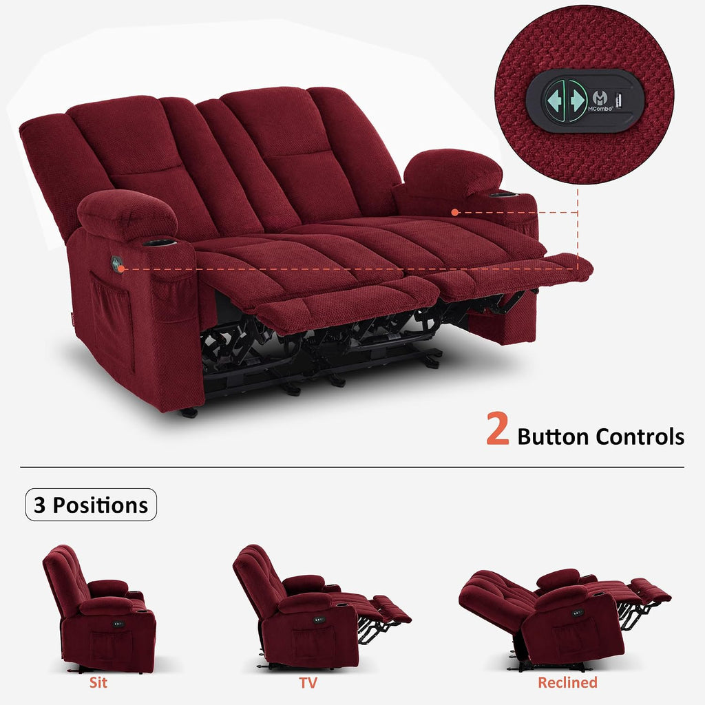 MCombo Zero Gravity Power Loveseat Sofa, Heat and Massage, Reclining Loveseat for Living Room, Fabric 6035SET (Burgundy, Loveseat)