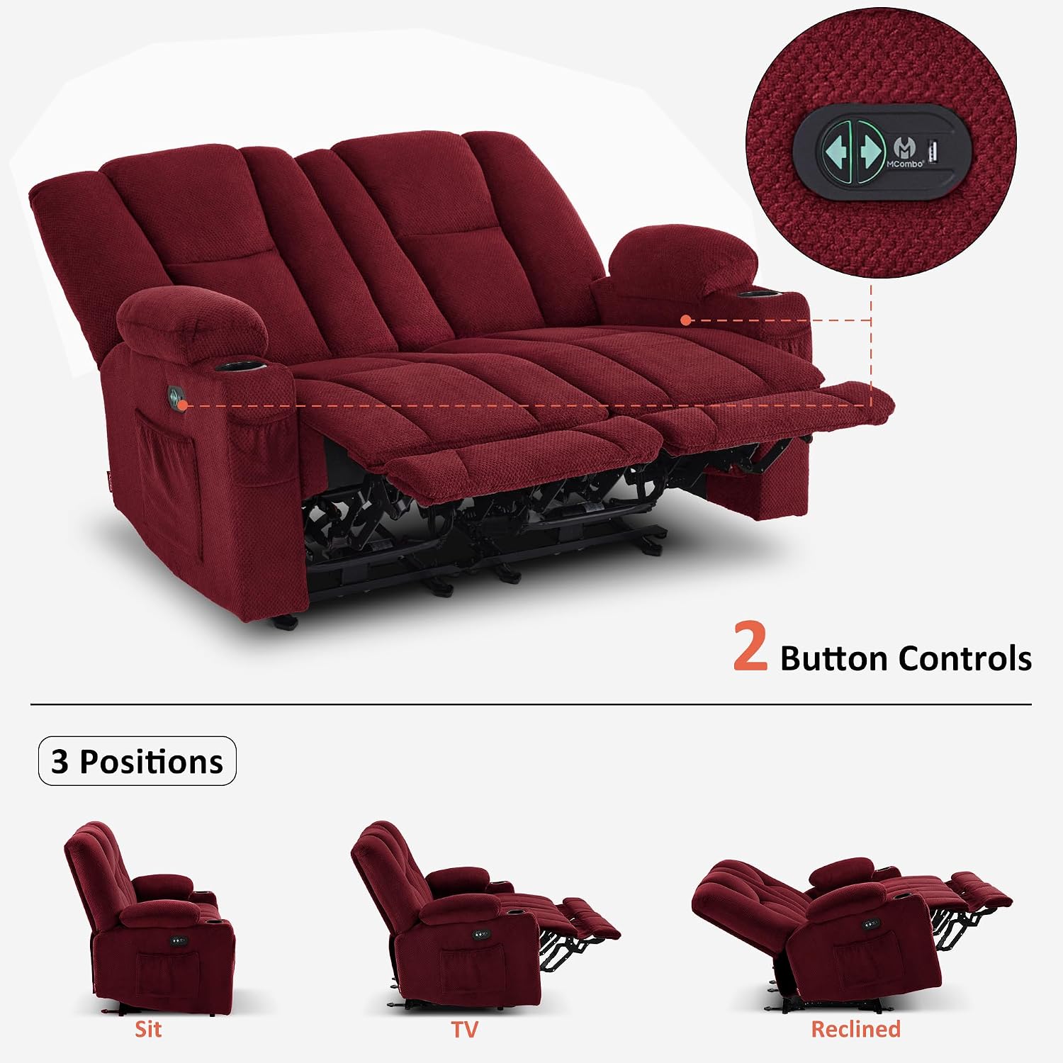 MCombo Zero Gravity Power Loveseat Sofa, Heat and Massage, Reclining Loveseat for Living Room, Fabric 6035SET (Burgundy, Loveseat)