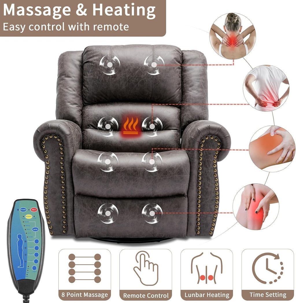 Manual Massage Swivel Rocker Recliner with Heat and Vibration, 360° Swivel Glider Rocking Recliner Chair, Classic Living Room Lounge Recliners with Side Pockets & USB Ports, Grey
