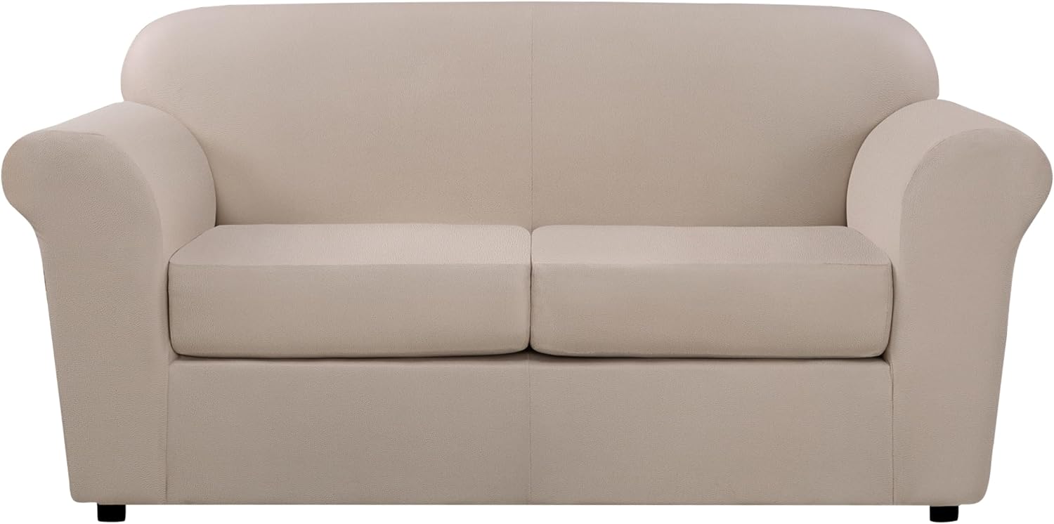 SureFit Ultimate Heavyweight Stretch Leather Slipcover (Pebbled Ivory, 2-Seat Box Cushion Loveseat)