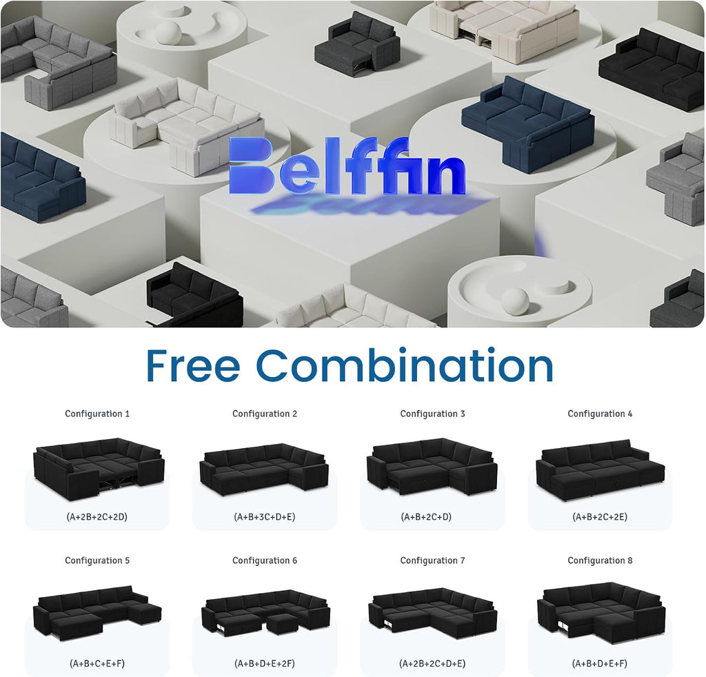 Belffin Modular Sectional Sofa with Sleeper Sofa Couch Pullout Bed, Oversized U Shaped Sleeper Sectional Couch with Storage Seat for Living Room, Black
