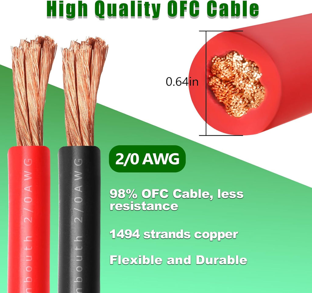 2/0 Gauge Battery Cable Copper Wire, 20FT Red+20FT Black 2/0 AWG Welding Cable Standard USA OFC Wire for Automotive, Battery, Solar, Marine and Generator