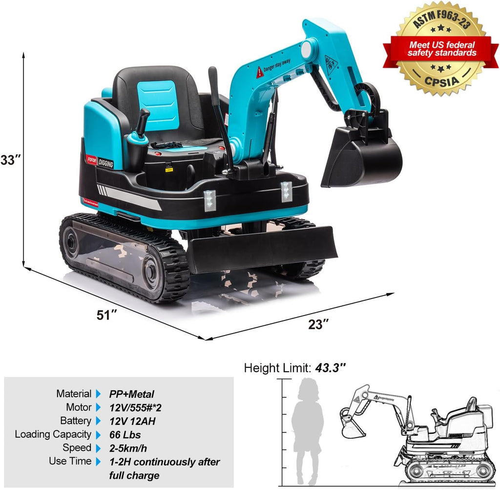 360 Degree Rotating Ride On Excavator and Bulldozer,JOYLDIAS 12V12AH Battery Powered Ride On Toy Backhoe W/Track Design Wheels for All Terrain,Remote Control,MP3,Toolbox for Kids,Parent,Blue