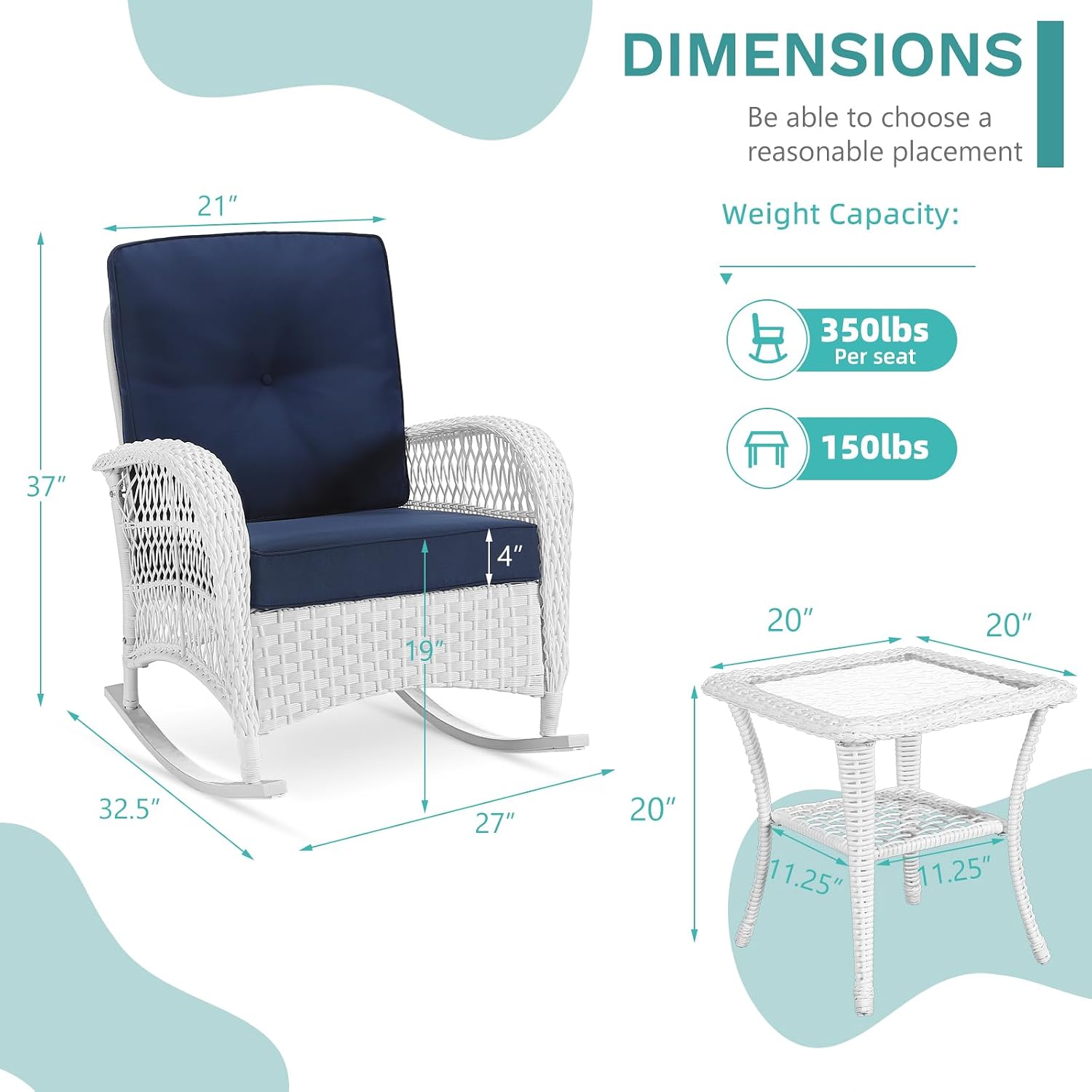MEETWARM 3 Pieces Patio Conversation Set, Rattan Outdoor Rocking Patio Bistro Set with 2 Rockers and 1 Side Table with 4' Thick Cushions, Outdoor Furniture Set for Porch Backyard, White Wicker/Navy