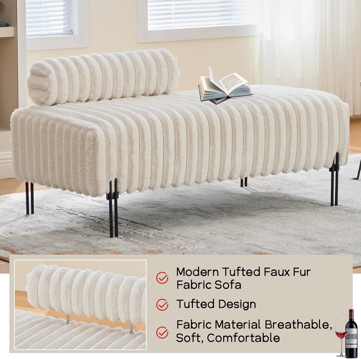 NIOIIKIT 49.6' Modern Loveseat Sofa Couch, Upholstered Accent Sofa with Golden Legs and Adjustable Backrest, Small Faux Fur Couches for Bedroom, Living Room, Compact Small Space (Beige)