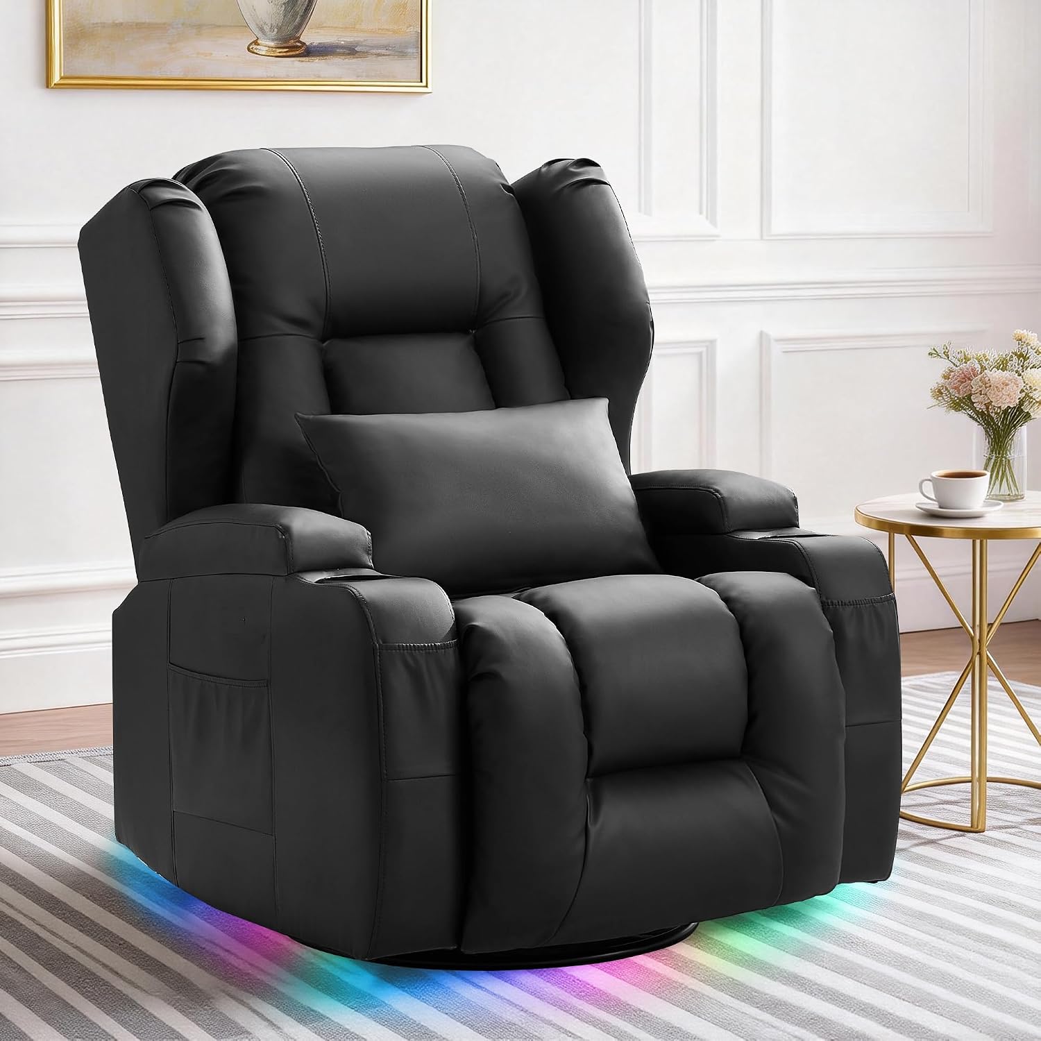 TUNYI Power Recliner Chair - Faux Leather Home Theater Seating Glider Reclining Sofa with Massage & Heat Swivel Rocker Recliner Chair for Living Room with LED Light/USB Port/Lumbar Pillow (Black)