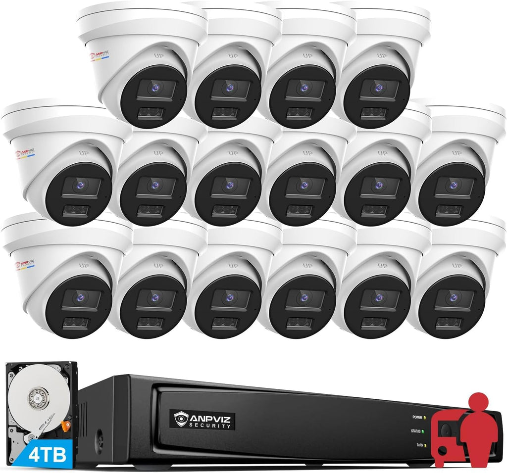 Anpviz 16CH 4K PoE Security Camera System Commercial, 16pcs H.265+ Wired 8MP IP Cameras Outdoor with Mic, Smart Color Night Vision, 12MP/8MP 16Channel PoE NVR with 4TB HDD for 24/7 Recording（H Series）